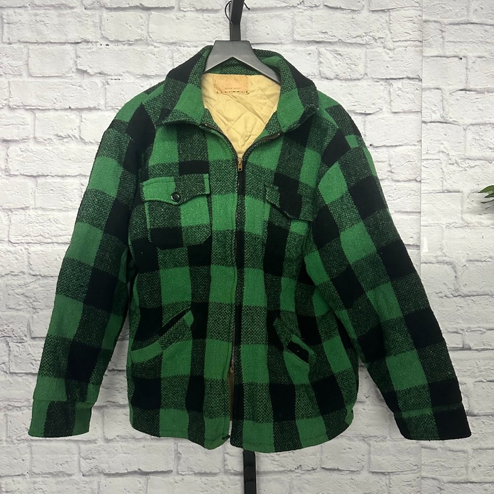 Vtg Weatherguard By Shane Long Sleeve Zip Front Jacket Large Green Black Plaid
